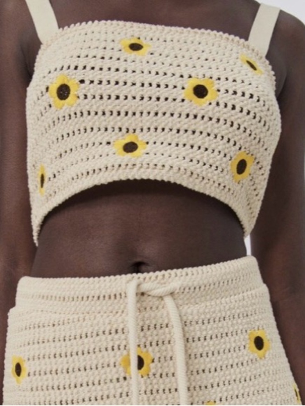 Zara Cream Crochet Sunflower-Embroidered Crop Tank